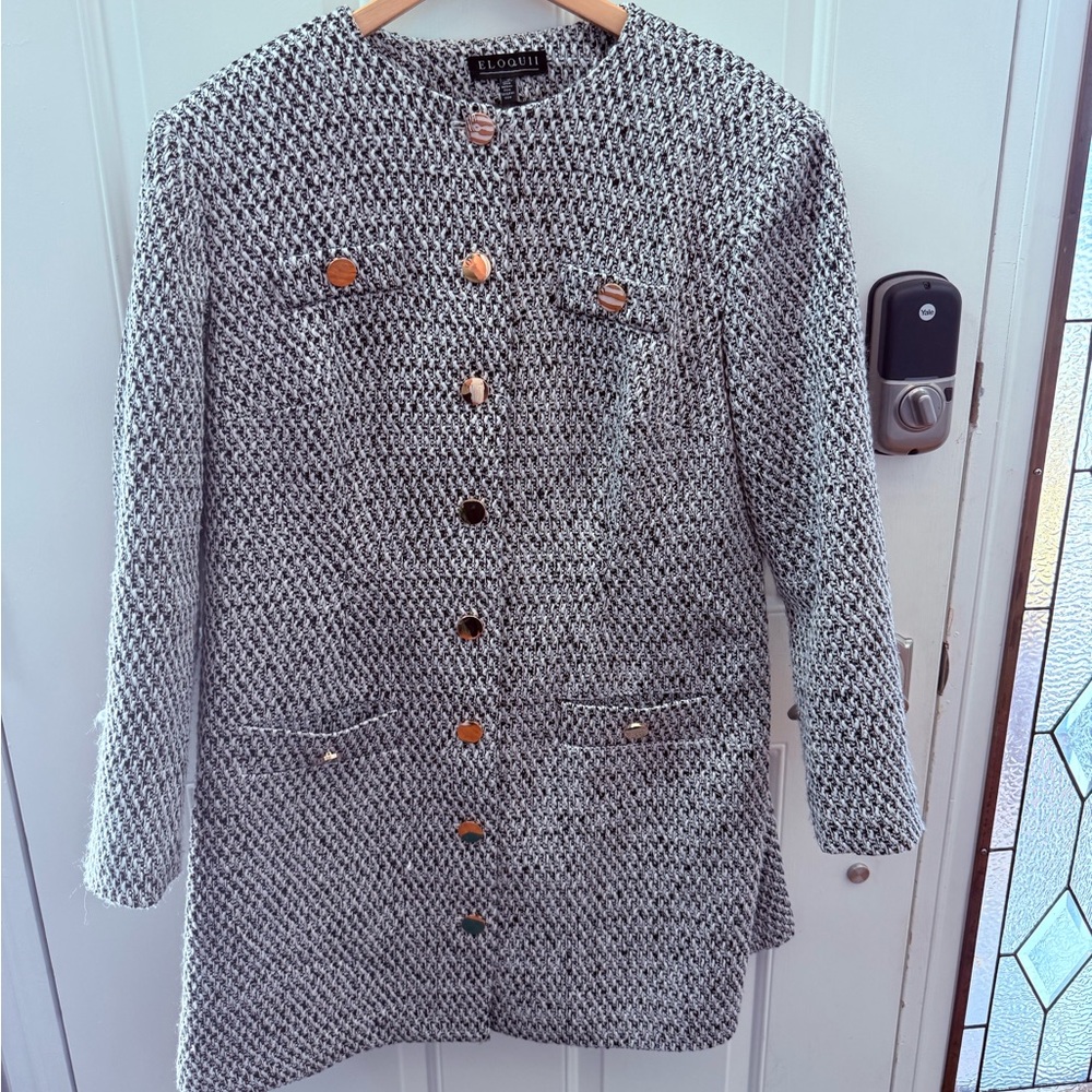 Eloquii Tweed Long Sleeve Mini Dress plus size 14 white and black gold buttons